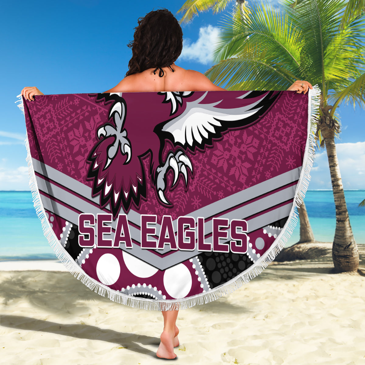 custom-sea-eagles-rugby-christmas-beach-blanket-merry-xmas-2023-mix-aboriginal-art
