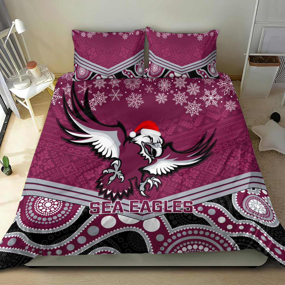 custom-sea-eagles-rugby-christmas-bedding-set-merry-xmas-2023-mix-aboriginal-art
