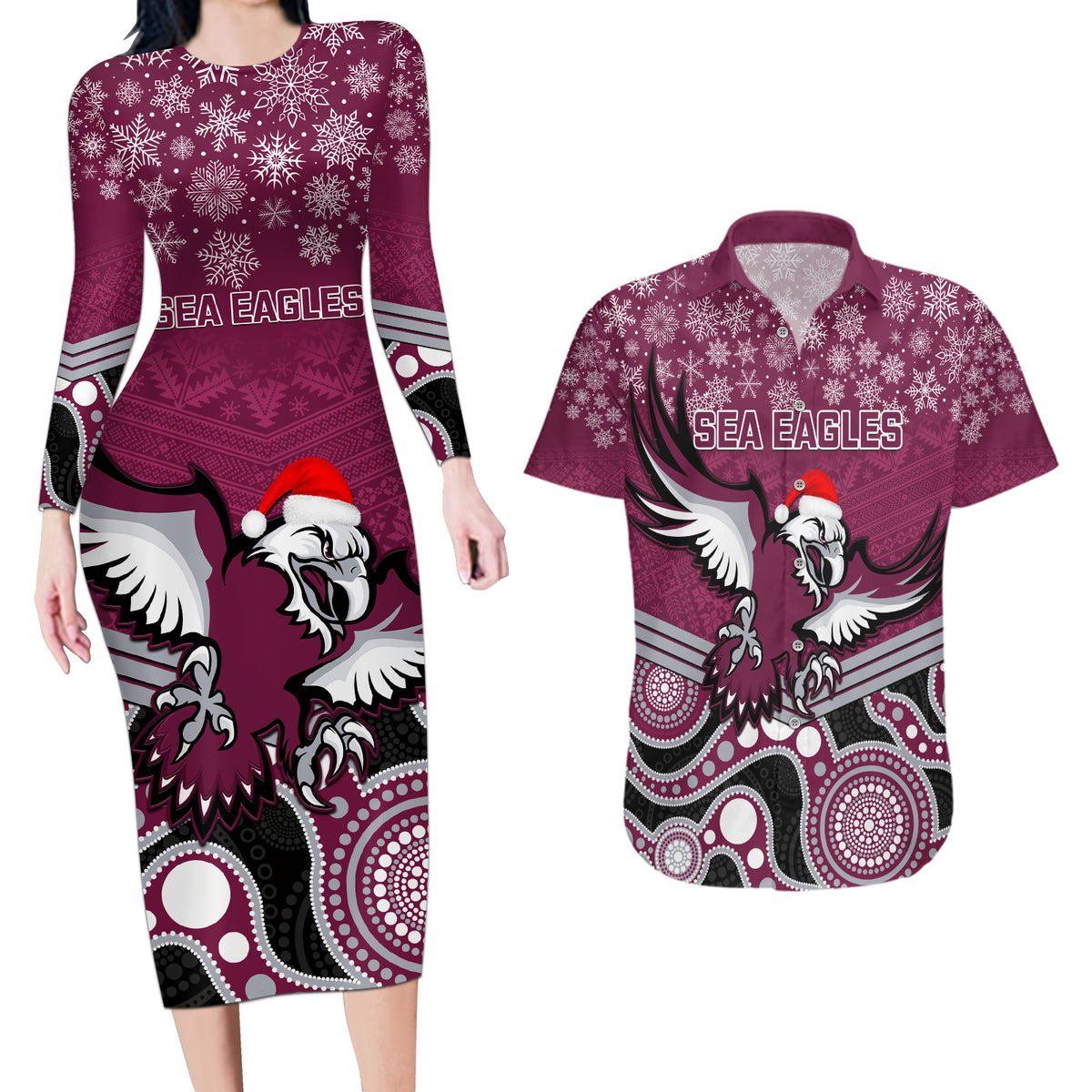 custom-sea-eagles-rugby-christmas-couples-matching-long-sleeve-bodycon-dress-and-hawaiian-shirt-merry-xmas-2023-mix-aboriginal-art