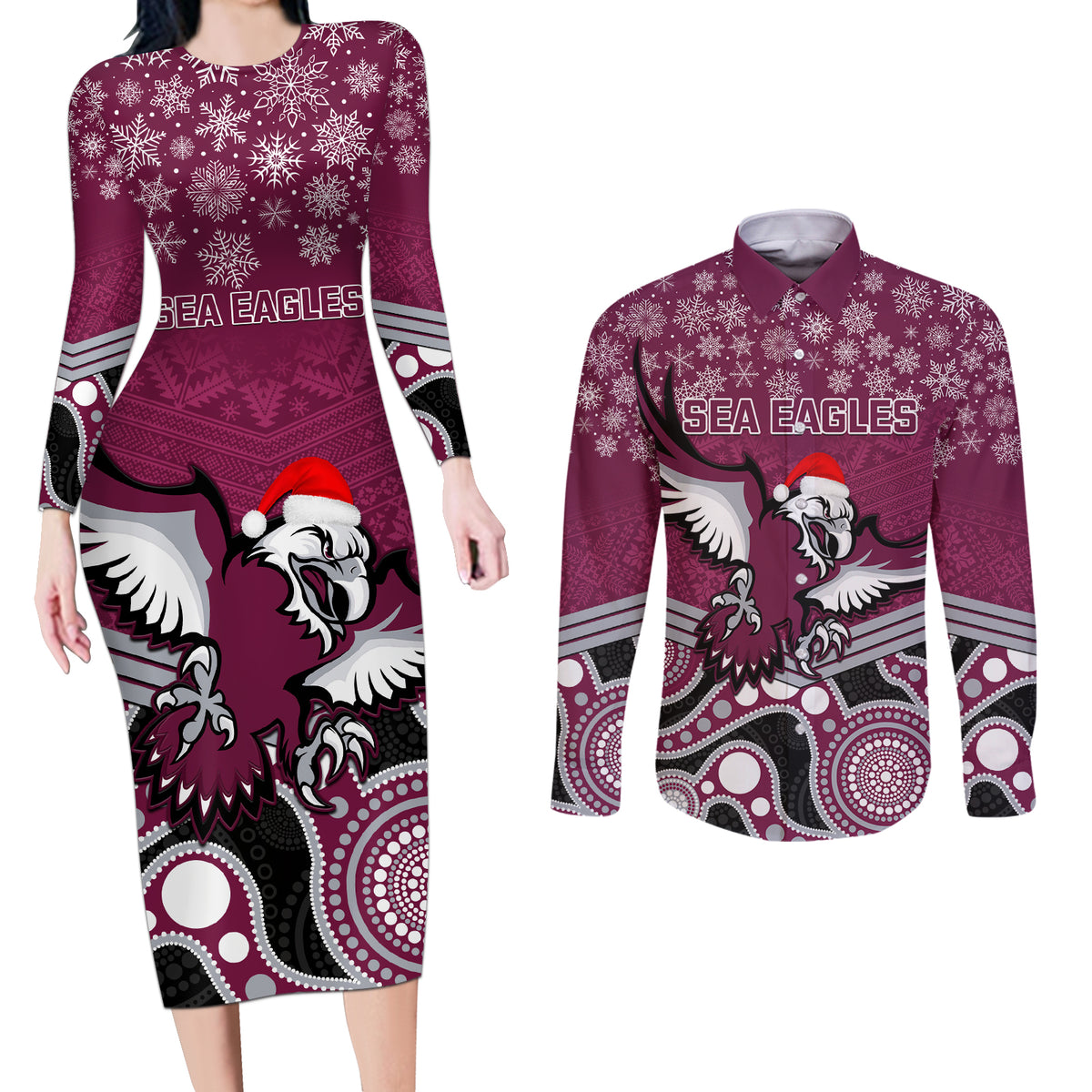 custom-sea-eagles-rugby-christmas-couples-matching-long-sleeve-bodycon-dress-and-long-sleeve-button-shirt-merry-xmas-2023-mix-aboriginal-art
