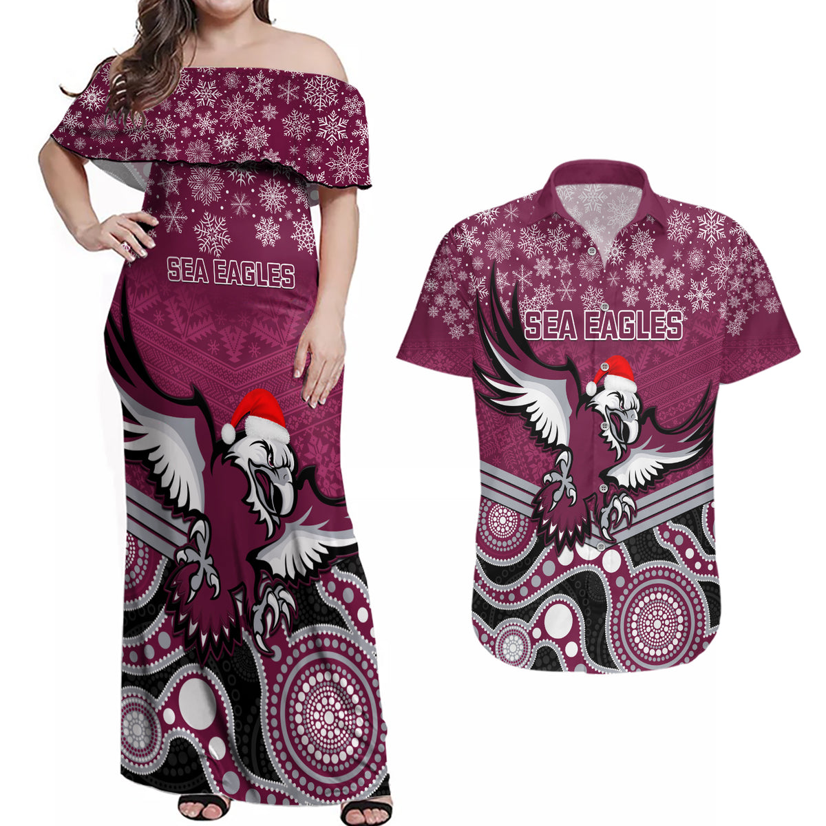 custom-sea-eagles-rugby-christmas-couples-matching-off-shoulder-maxi-dress-and-hawaiian-shirt-merry-xmas-2023-mix-aboriginal-art