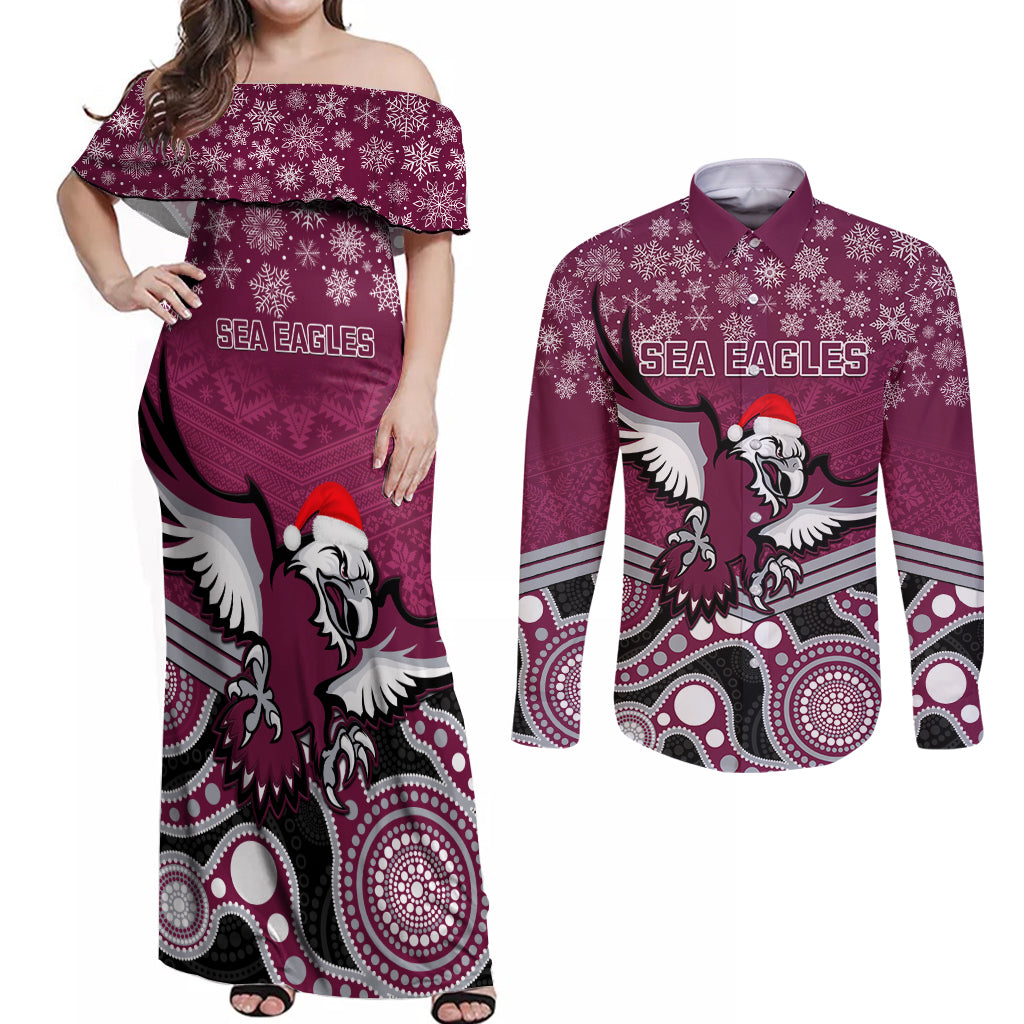 custom-sea-eagles-rugby-christmas-couples-matching-off-shoulder-maxi-dress-and-long-sleeve-button-shirt-merry-xmas-2023-mix-aboriginal-art