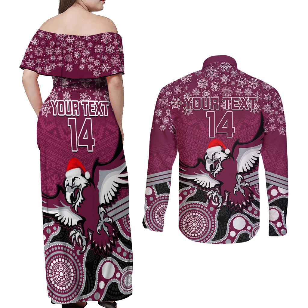 custom-sea-eagles-rugby-christmas-couples-matching-off-shoulder-maxi-dress-and-long-sleeve-button-shirt-merry-xmas-2023-mix-aboriginal-art