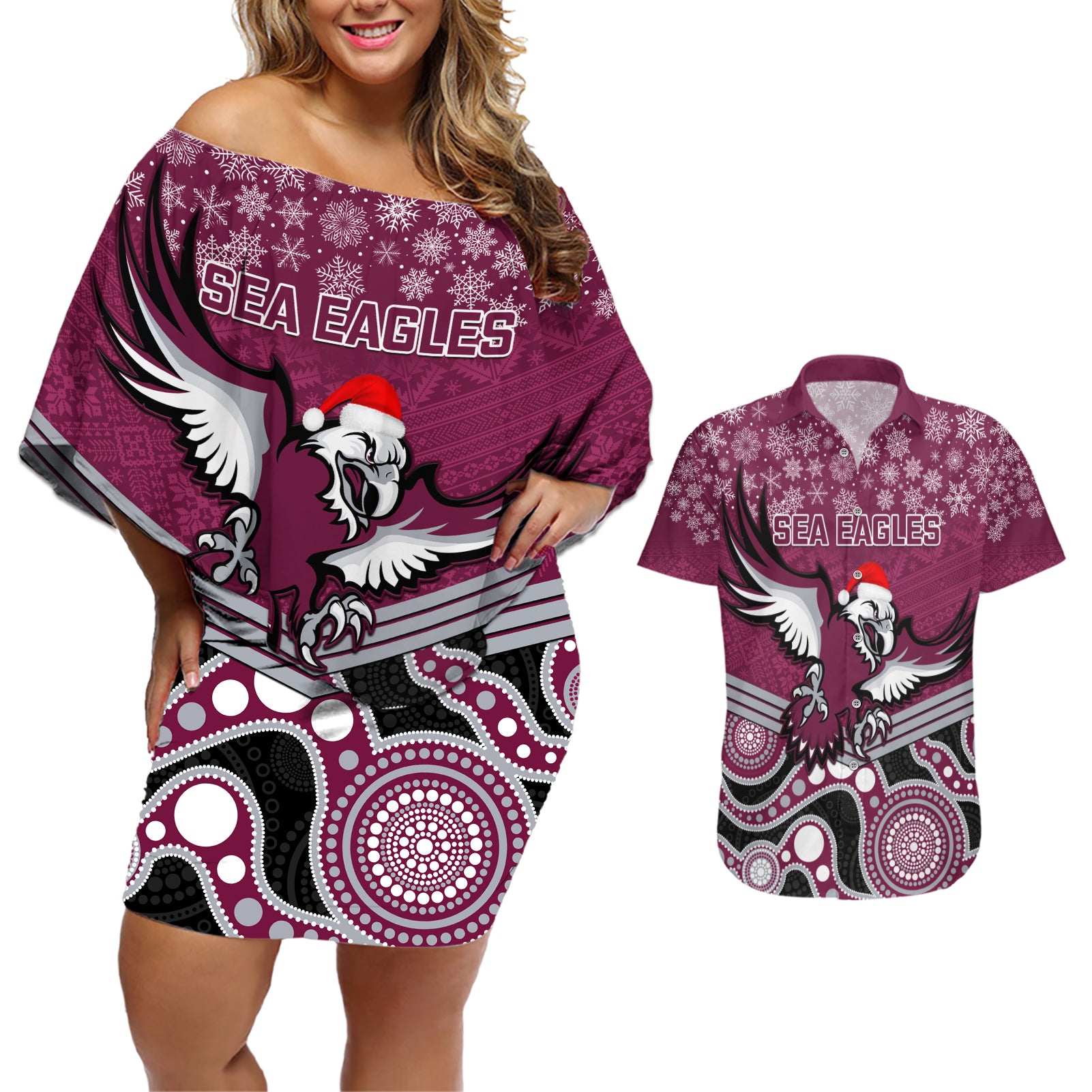 custom-sea-eagles-rugby-christmas-couples-matching-off-shoulder-short-dress-and-hawaiian-shirt-merry-xmas-2023-mix-aboriginal-art
