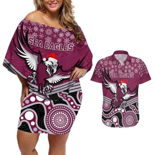 custom-sea-eagles-rugby-christmas-couples-matching-off-shoulder-short-dress-and-hawaiian-shirt-merry-xmas-2023-mix-aboriginal-art