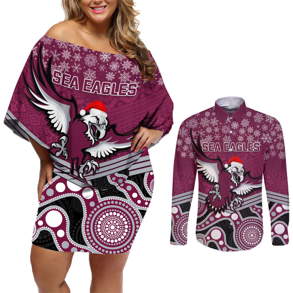 custom-sea-eagles-rugby-christmas-couples-matching-off-shoulder-short-dress-and-long-sleeve-button-shirt-merry-xmas-2023-mix-aboriginal-art
