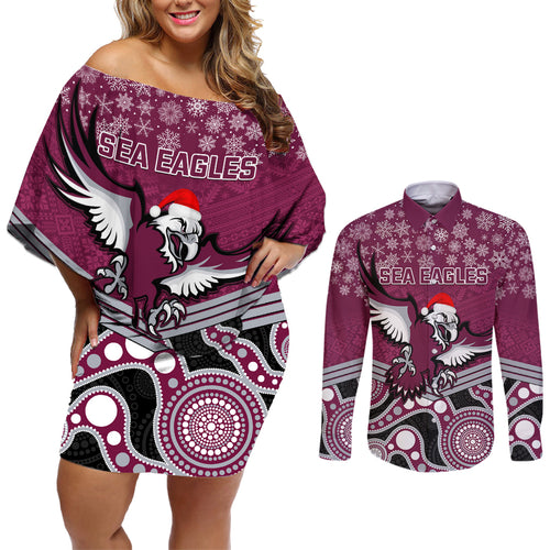 custom-sea-eagles-rugby-christmas-couples-matching-off-shoulder-short-dress-and-long-sleeve-button-shirt-merry-xmas-2023-mix-aboriginal-art