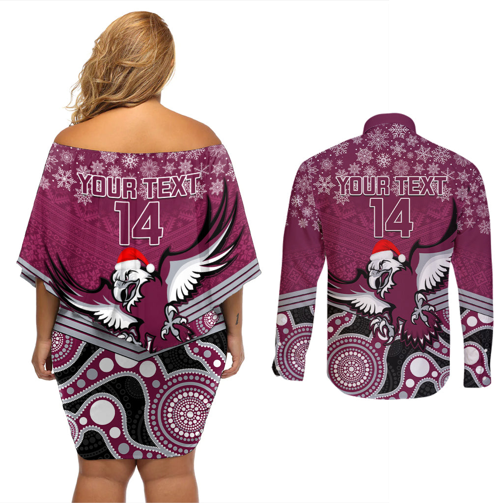 custom-sea-eagles-rugby-christmas-couples-matching-off-shoulder-short-dress-and-long-sleeve-button-shirt-merry-xmas-2023-mix-aboriginal-art