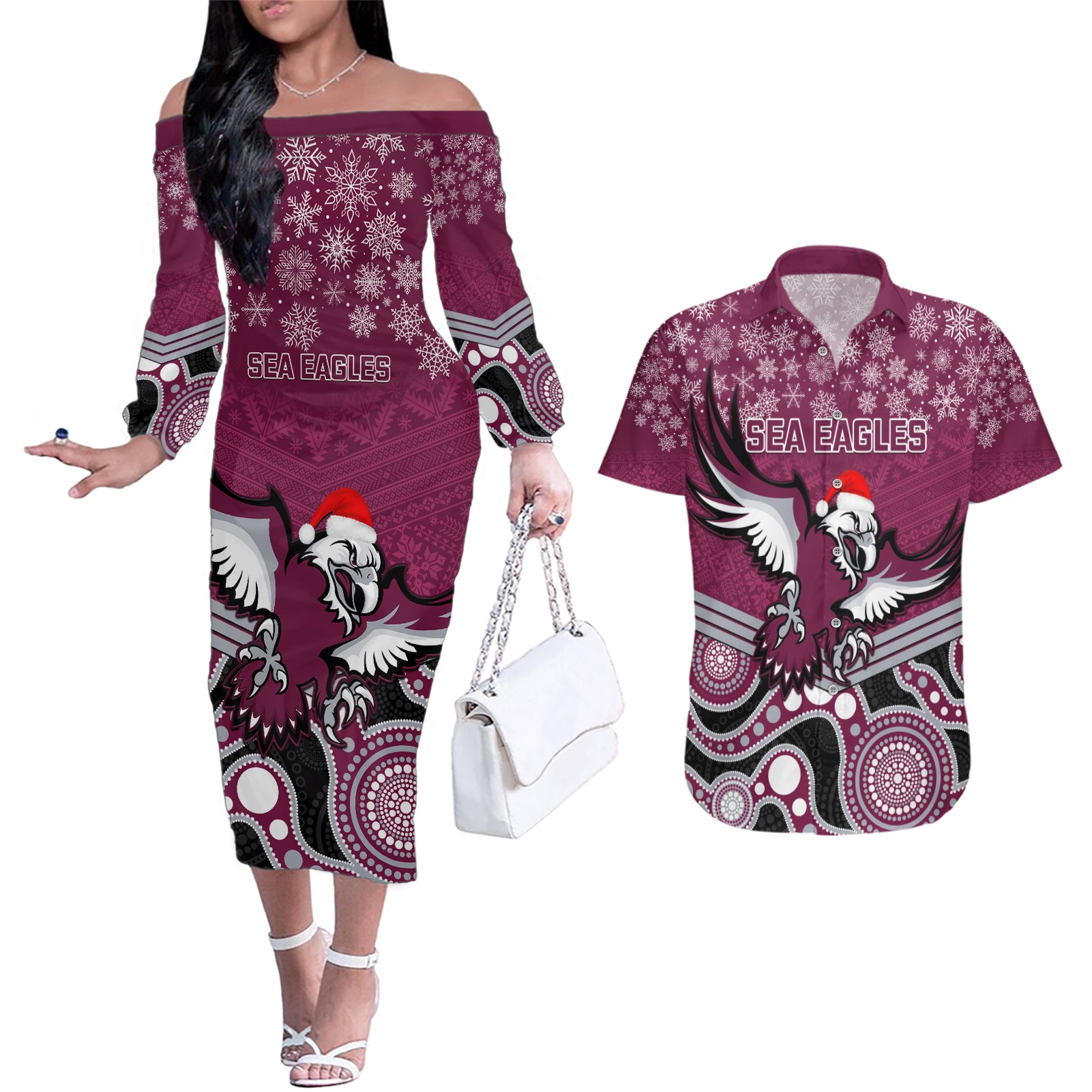 custom-sea-eagles-rugby-christmas-couples-matching-off-the-shoulder-long-sleeve-dress-and-hawaiian-shirt-merry-xmas-2023-mix-aboriginal-art