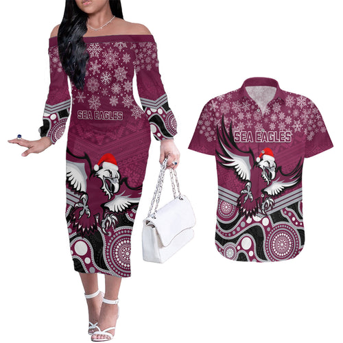custom-sea-eagles-rugby-christmas-couples-matching-off-the-shoulder-long-sleeve-dress-and-hawaiian-shirt-merry-xmas-2023-mix-aboriginal-art