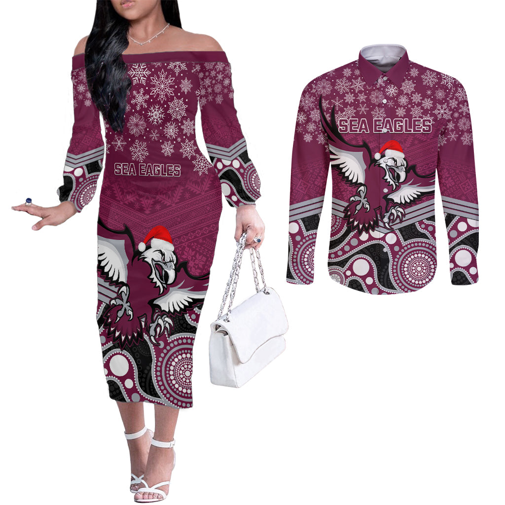custom-sea-eagles-rugby-christmas-couples-matching-off-the-shoulder-long-sleeve-dress-and-long-sleeve-button-shirt-merry-xmas-2023-mix-aboriginal-art