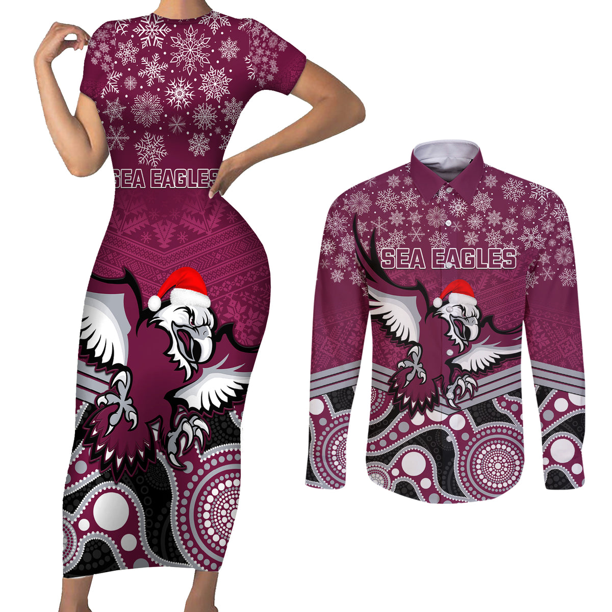 custom-sea-eagles-rugby-christmas-couples-matching-short-sleeve-bodycon-dress-and-long-sleeve-button-shirt-merry-xmas-2023-mix-aboriginal-art