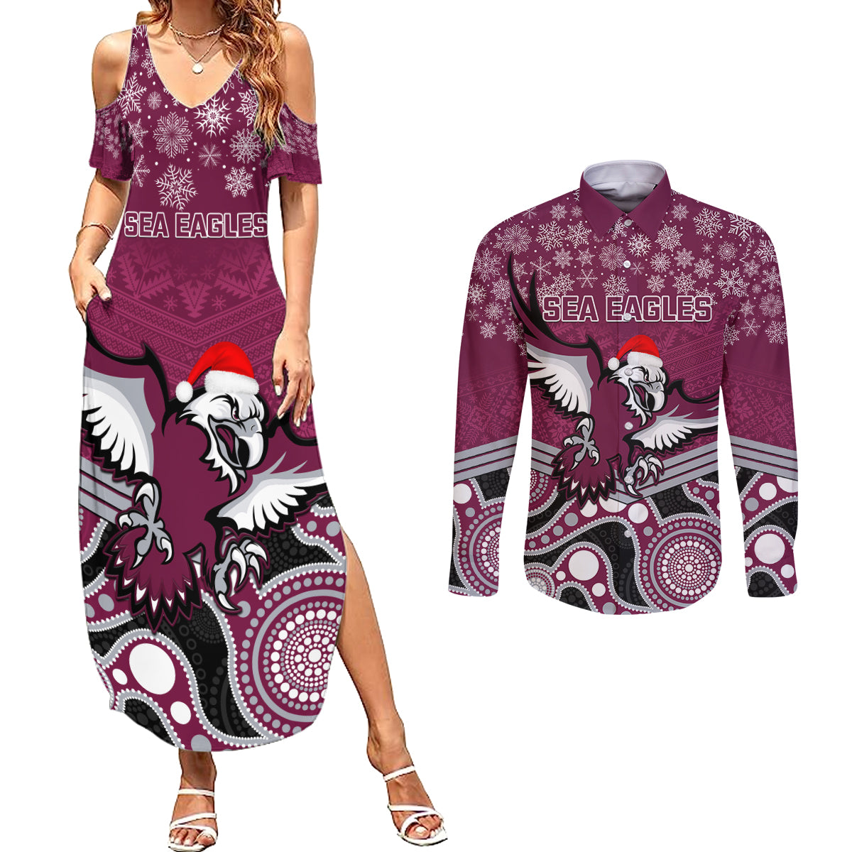 custom-sea-eagles-rugby-christmas-couples-matching-summer-maxi-dress-and-long-sleeve-button-shirt-merry-xmas-2023-mix-aboriginal-art
