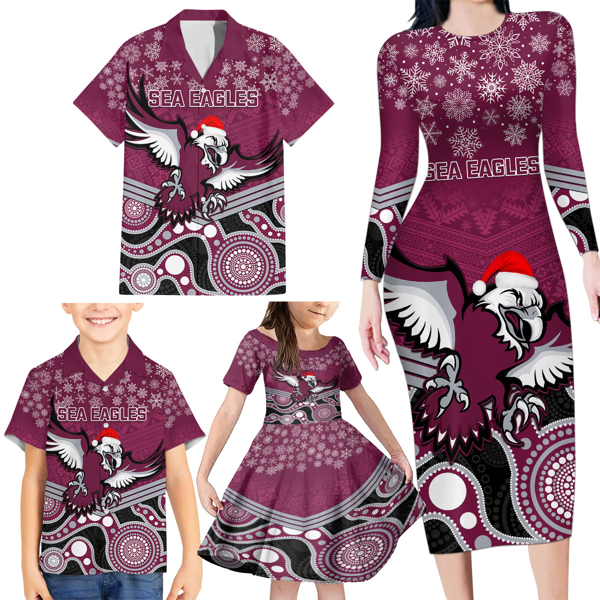 custom-sea-eagles-rugby-christmas-family-matching-long-sleeve-bodycon-dress-and-hawaiian-shirt-merry-xmas-2023-mix-aboriginal-art
