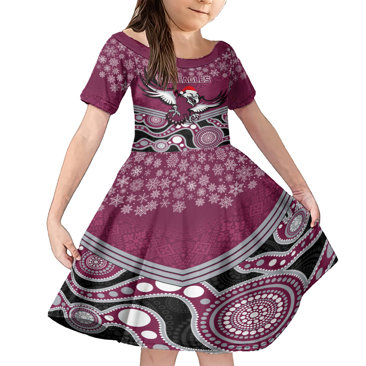 custom-sea-eagles-rugby-christmas-kid-short-sleeve-dress-merry-xmas-2023-mix-aboriginal-art