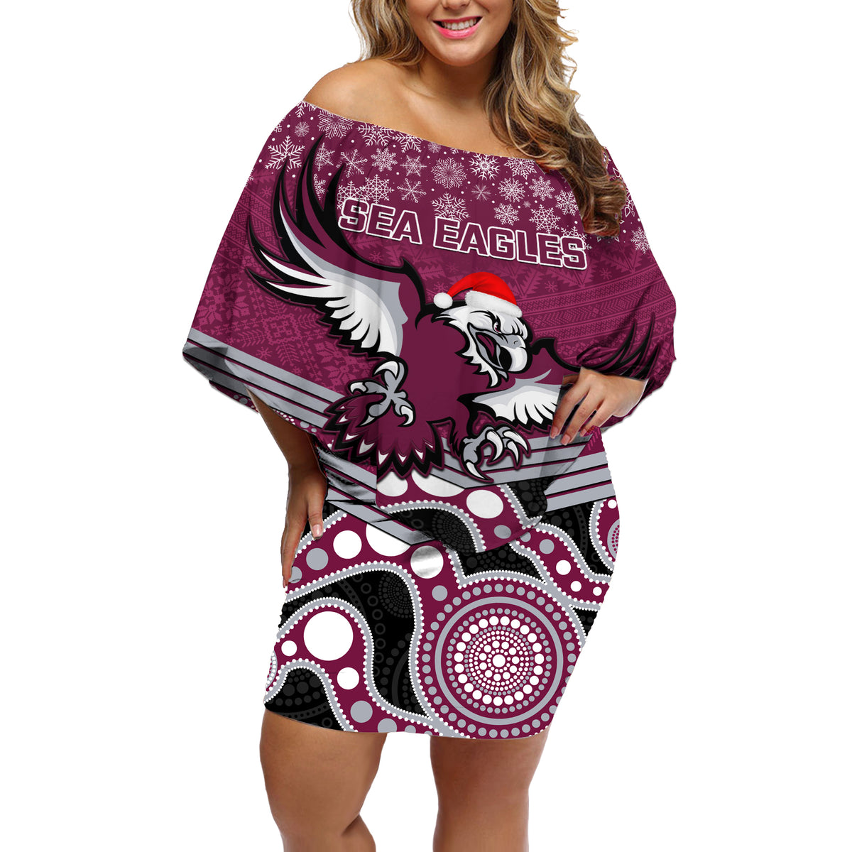 custom-sea-eagles-rugby-christmas-off-shoulder-short-dress-merry-xmas-2023-mix-aboriginal-art