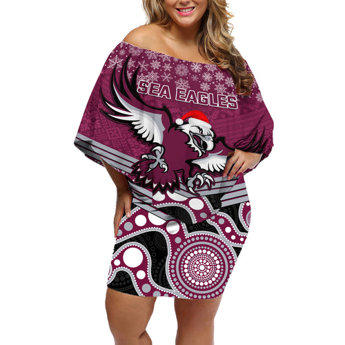 custom-sea-eagles-rugby-christmas-off-shoulder-short-dress-merry-xmas-2023-mix-aboriginal-art
