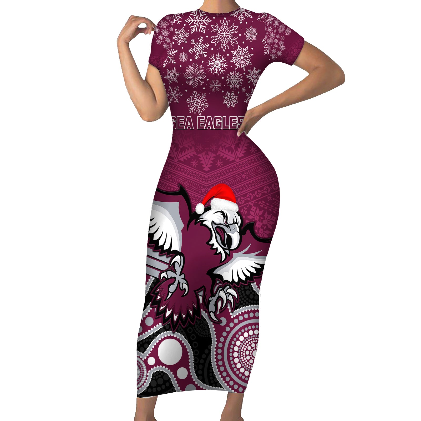 custom-sea-eagles-rugby-christmas-short-sleeve-bodycon-dress-merry-xmas-2023-mix-aboriginal-art