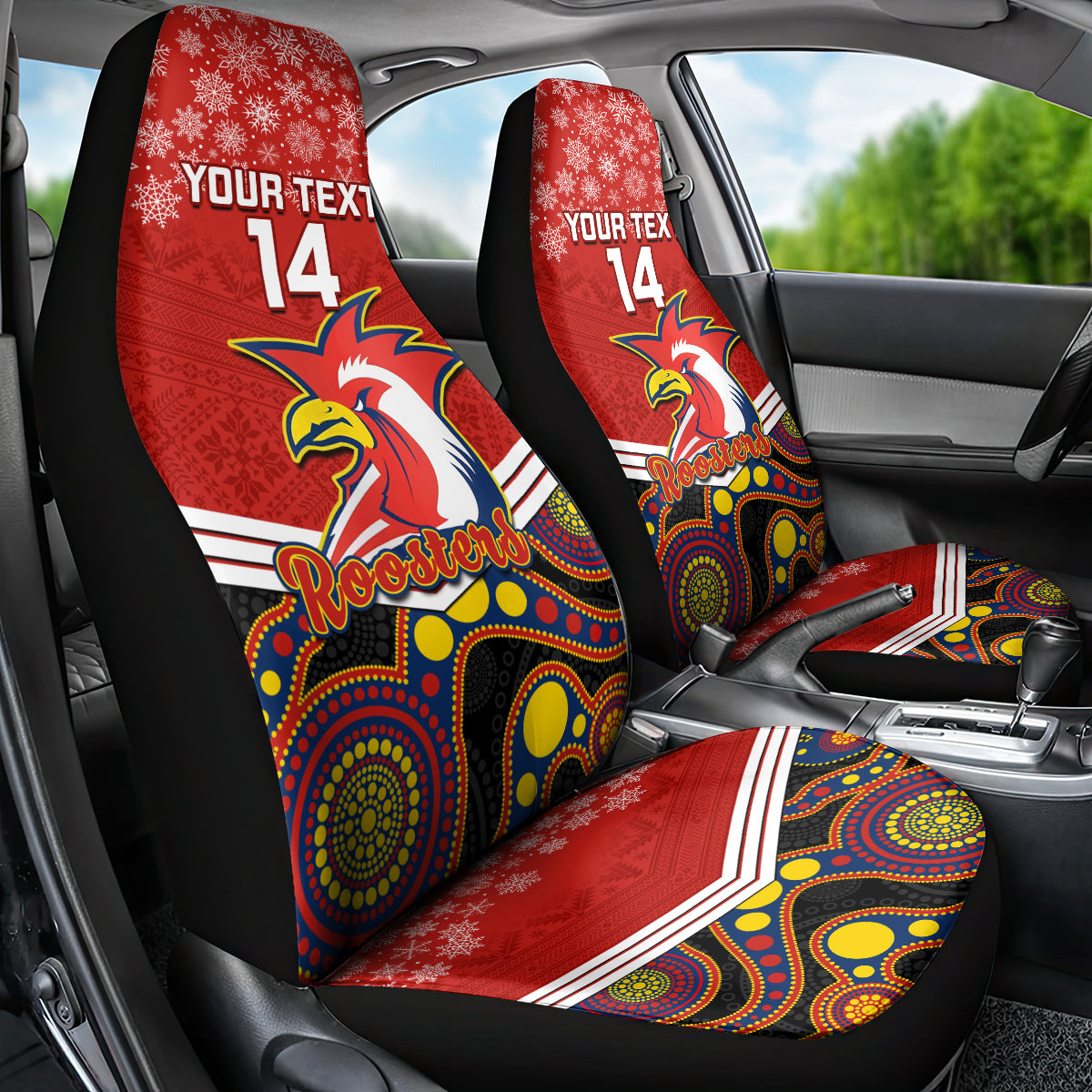 custom-roosters-rugby-christmas-car-seat-cover-merry-xmas-2023-mix-aboriginal-art