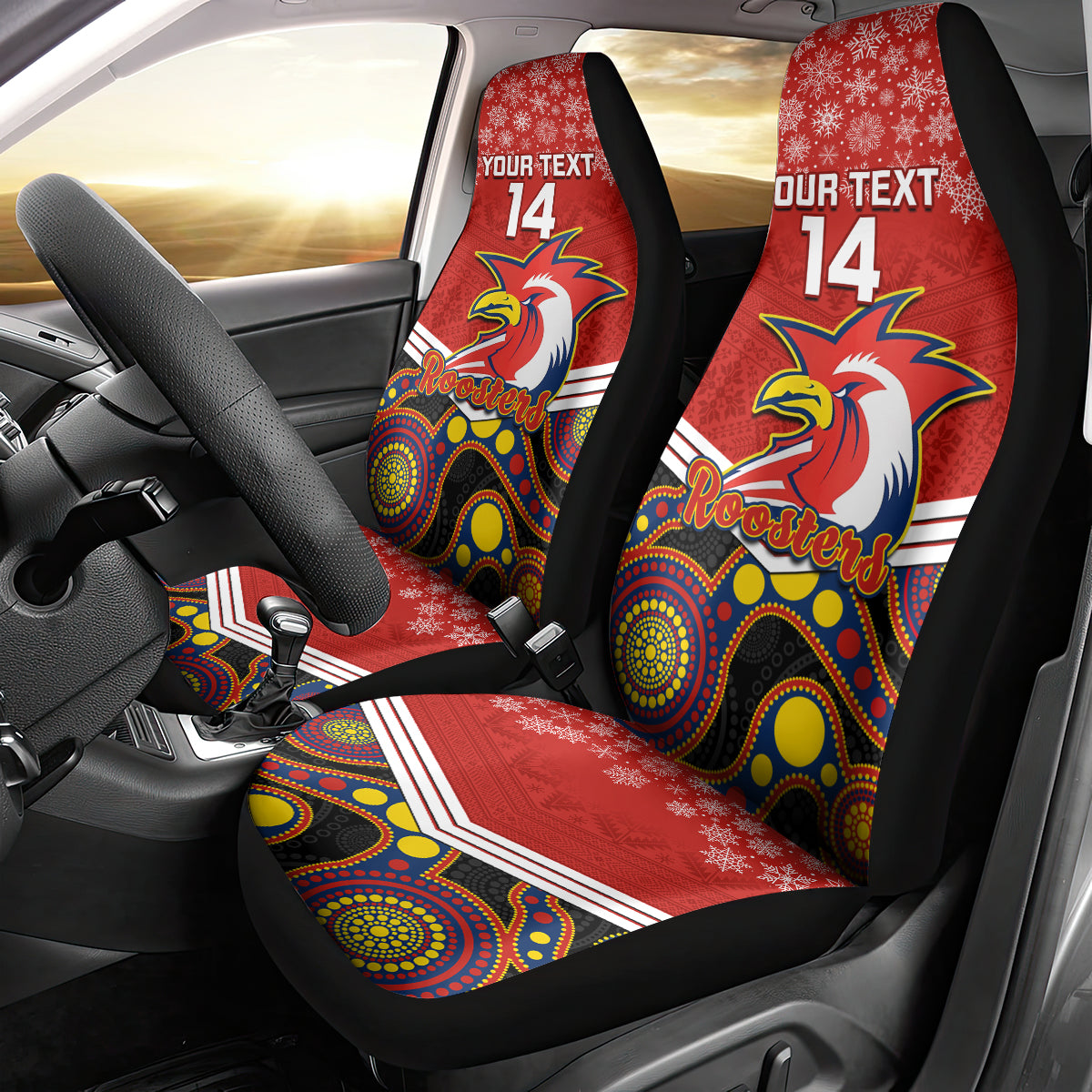 custom-roosters-rugby-christmas-car-seat-cover-merry-xmas-2023-mix-aboriginal-art