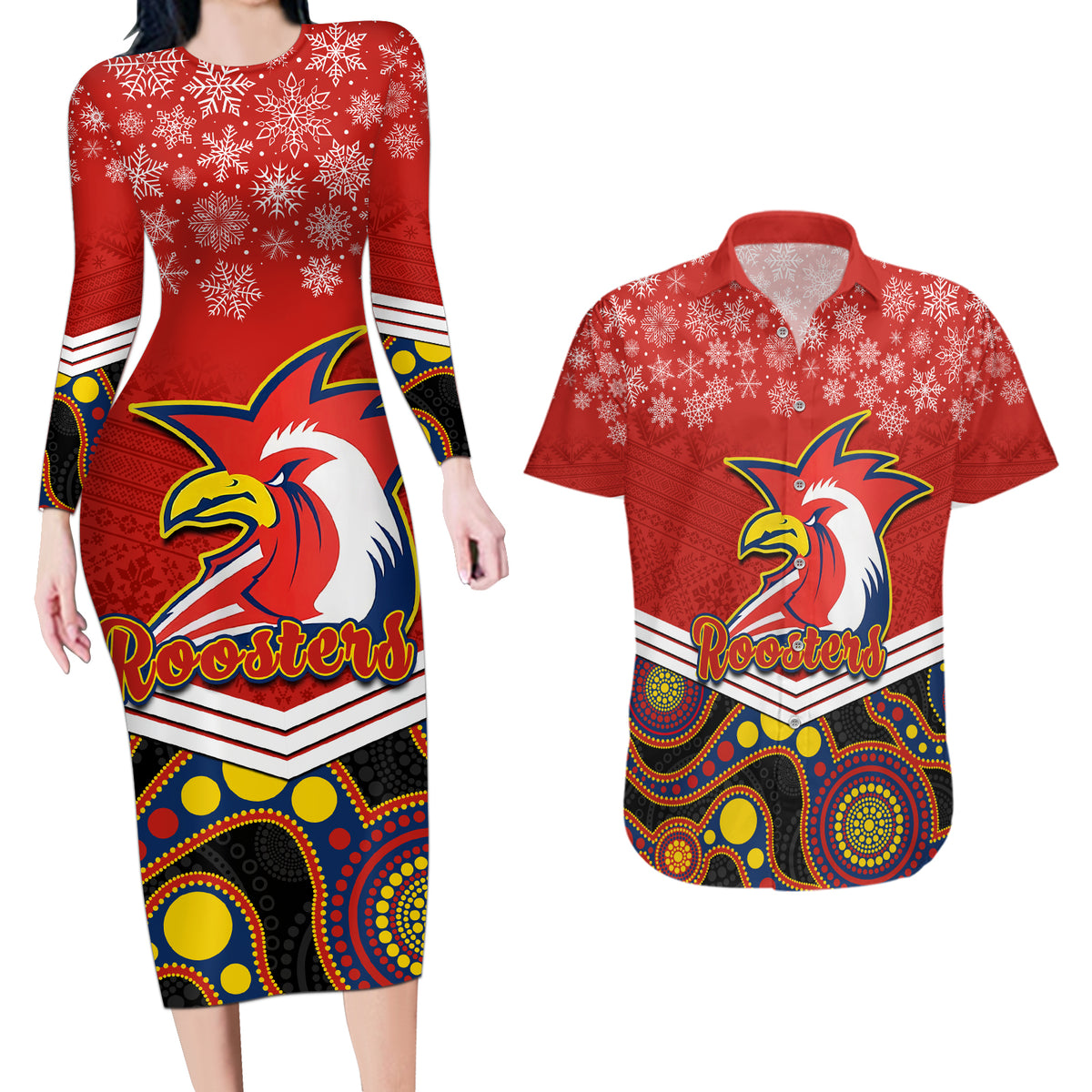 custom-roosters-rugby-christmas-couples-matching-long-sleeve-bodycon-dress-and-hawaiian-shirt-merry-xmas-2023-mix-aboriginal-art