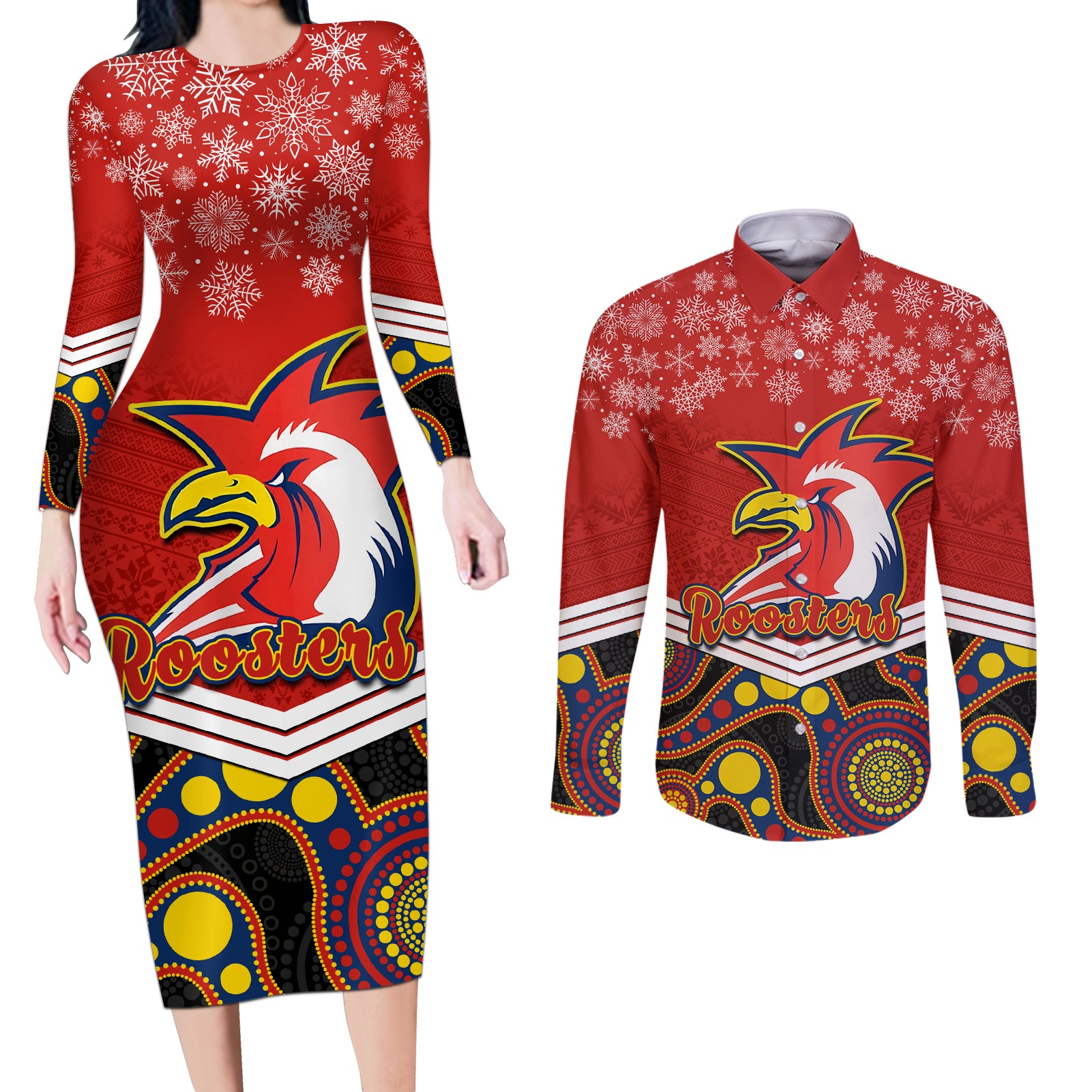 custom-roosters-rugby-christmas-couples-matching-long-sleeve-bodycon-dress-and-long-sleeve-button-shirt-merry-xmas-2023-mix-aboriginal-art