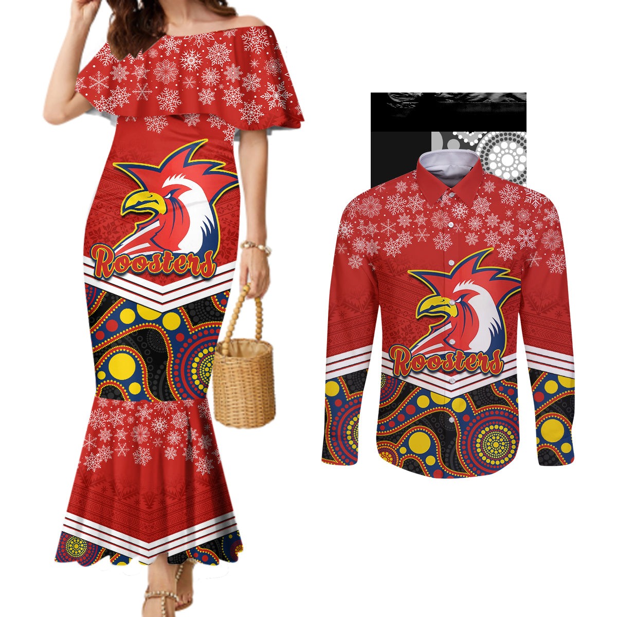 custom-roosters-rugby-christmas-couples-matching-mermaid-dress-and-long-sleeve-button-shirt-merry-xmas-2023-mix-aboriginal-art