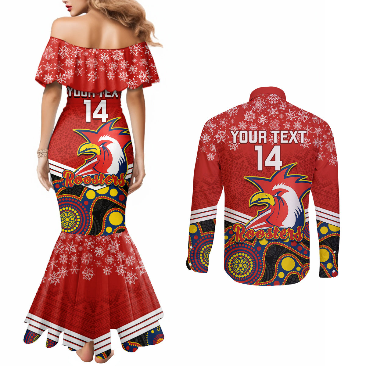 custom-roosters-rugby-christmas-couples-matching-mermaid-dress-and-long-sleeve-button-shirt-merry-xmas-2023-mix-aboriginal-art