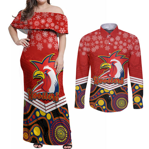 custom-roosters-rugby-christmas-couples-matching-off-shoulder-maxi-dress-and-long-sleeve-button-shirt-merry-xmas-2023-mix-aboriginal-art