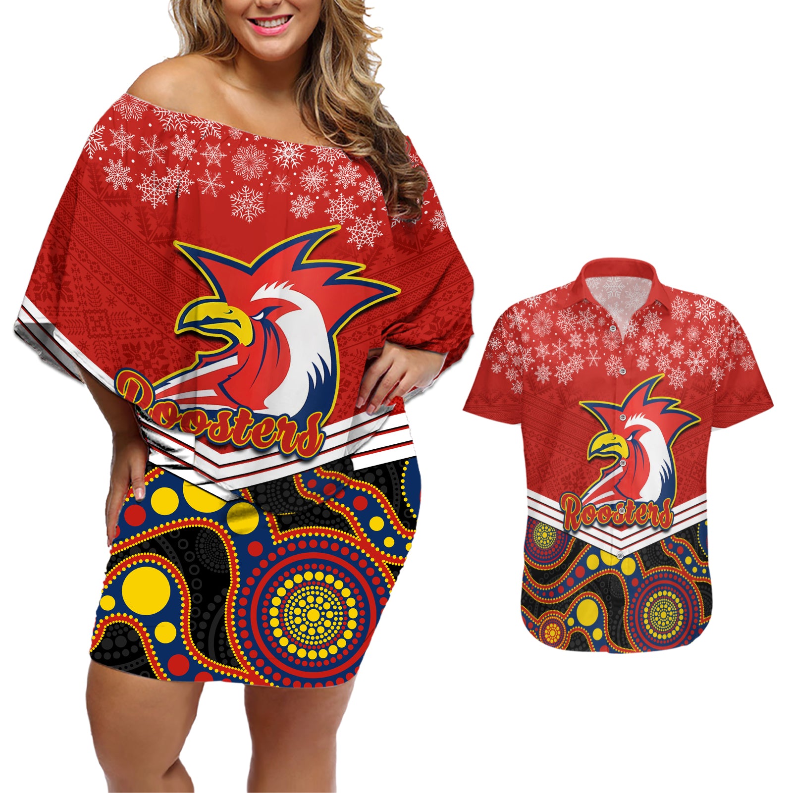 custom-roosters-rugby-christmas-couples-matching-off-shoulder-short-dress-and-hawaiian-shirt-merry-xmas-2023-mix-aboriginal-art