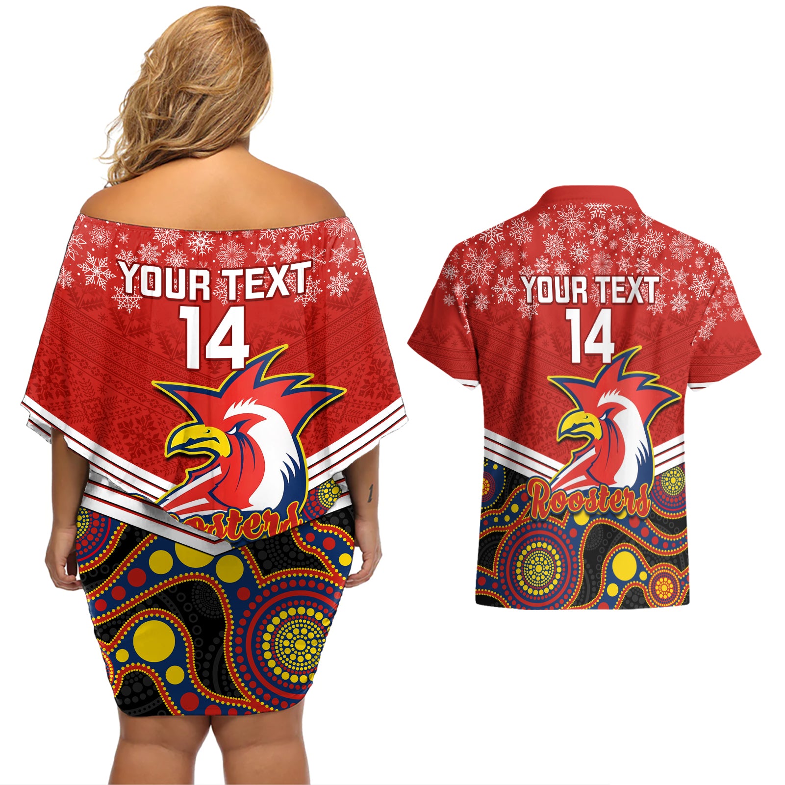 custom-roosters-rugby-christmas-couples-matching-off-shoulder-short-dress-and-hawaiian-shirt-merry-xmas-2023-mix-aboriginal-art