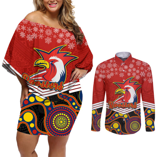 custom-roosters-rugby-christmas-couples-matching-off-shoulder-short-dress-and-long-sleeve-button-shirt-merry-xmas-2023-mix-aboriginal-art