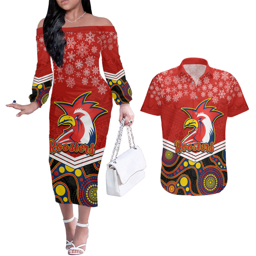 custom-roosters-rugby-christmas-couples-matching-off-the-shoulder-long-sleeve-dress-and-hawaiian-shirt-merry-xmas-2023-mix-aboriginal-art