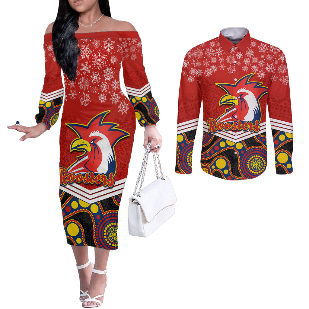 custom-roosters-rugby-christmas-couples-matching-off-the-shoulder-long-sleeve-dress-and-long-sleeve-button-shirt-merry-xmas-2023-mix-aboriginal-art