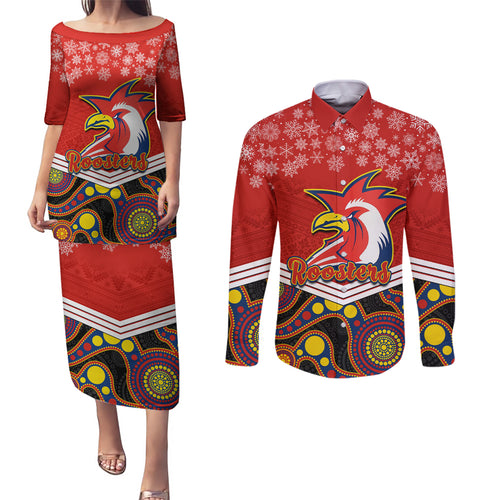 custom-roosters-rugby-christmas-couples-matching-puletasi-dress-and-long-sleeve-button-shirt-merry-xmas-2023-mix-aboriginal-art