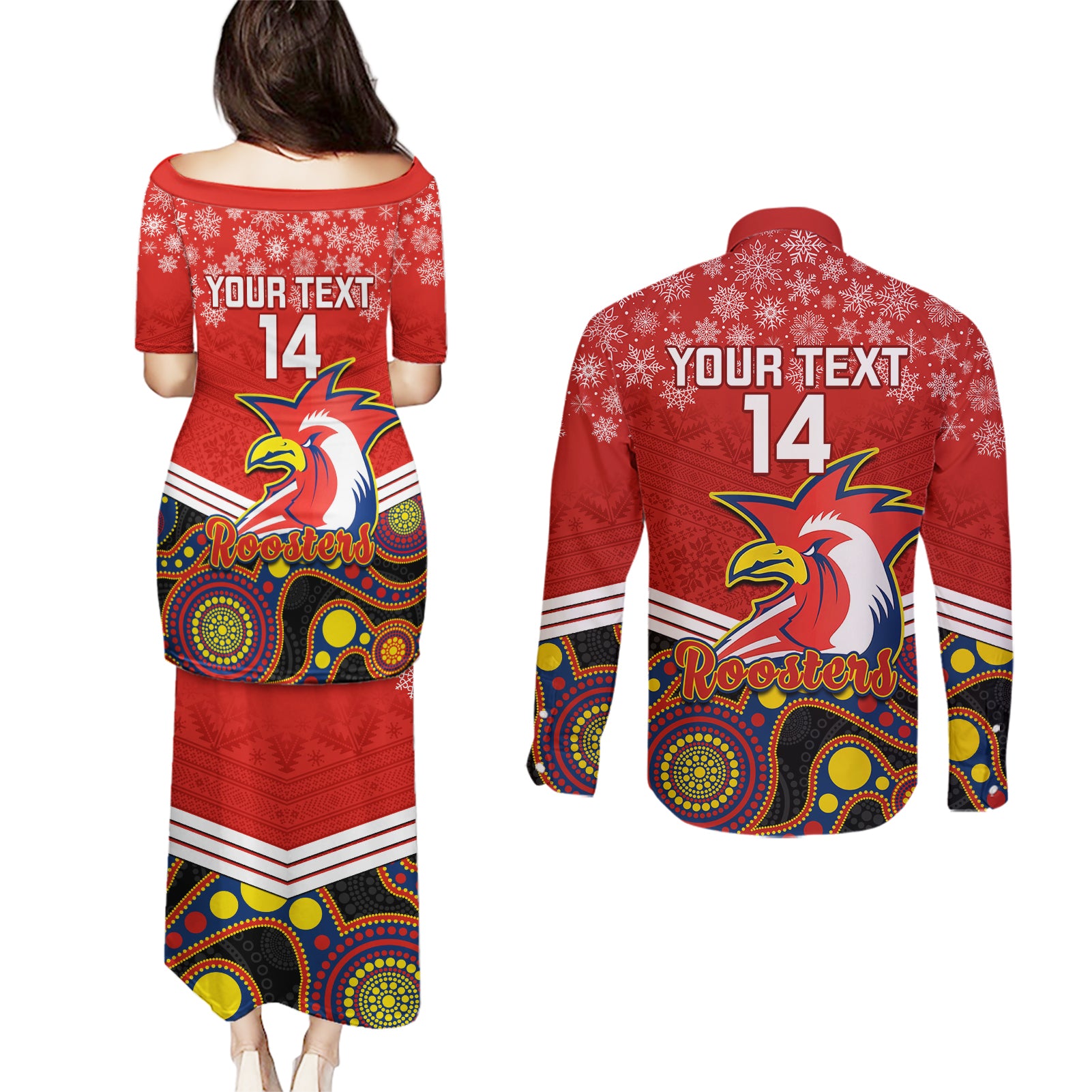 custom-roosters-rugby-christmas-couples-matching-puletasi-dress-and-long-sleeve-button-shirt-merry-xmas-2023-mix-aboriginal-art