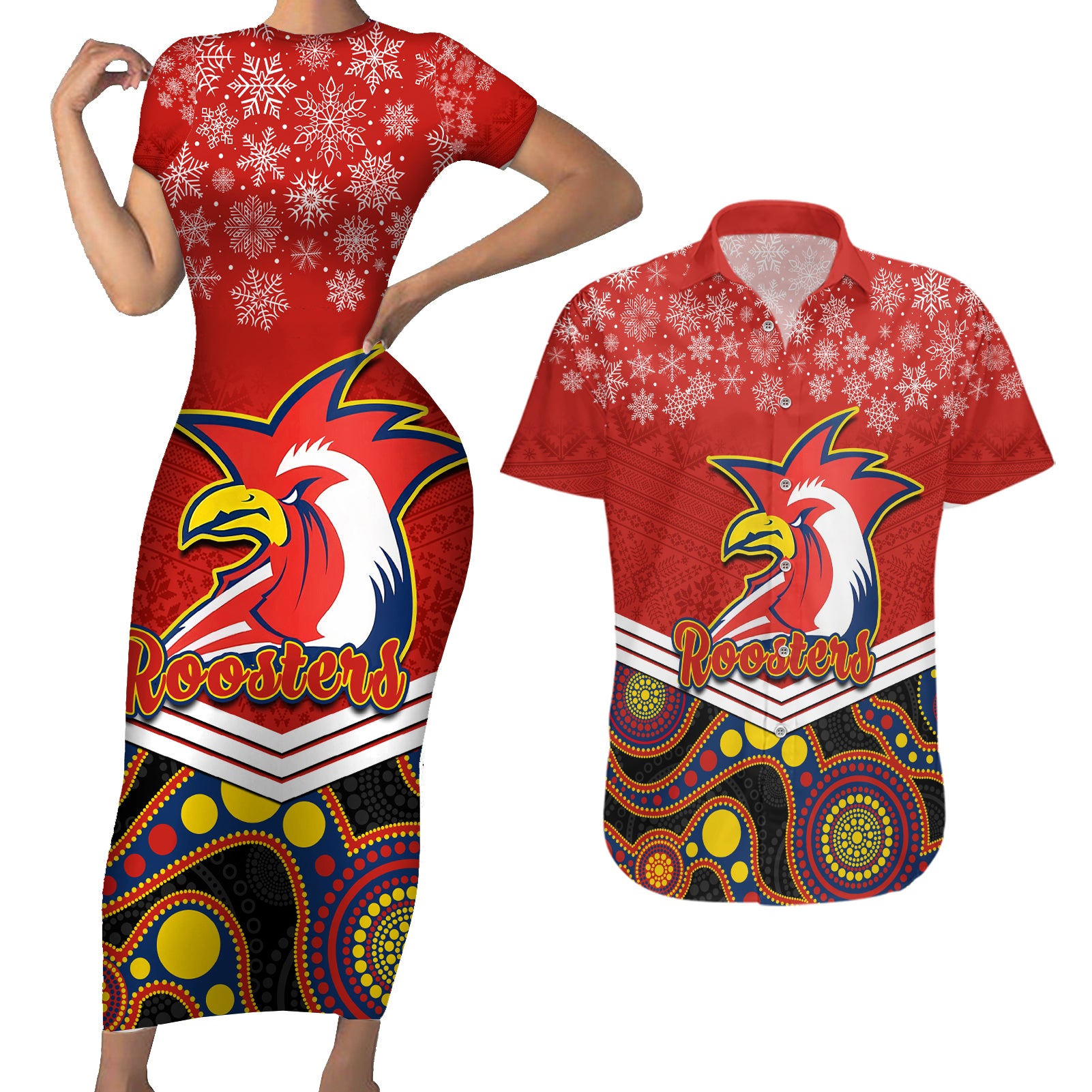 custom-roosters-rugby-christmas-couples-matching-short-sleeve-bodycon-dress-and-hawaiian-shirt-merry-xmas-2023-mix-aboriginal-art
