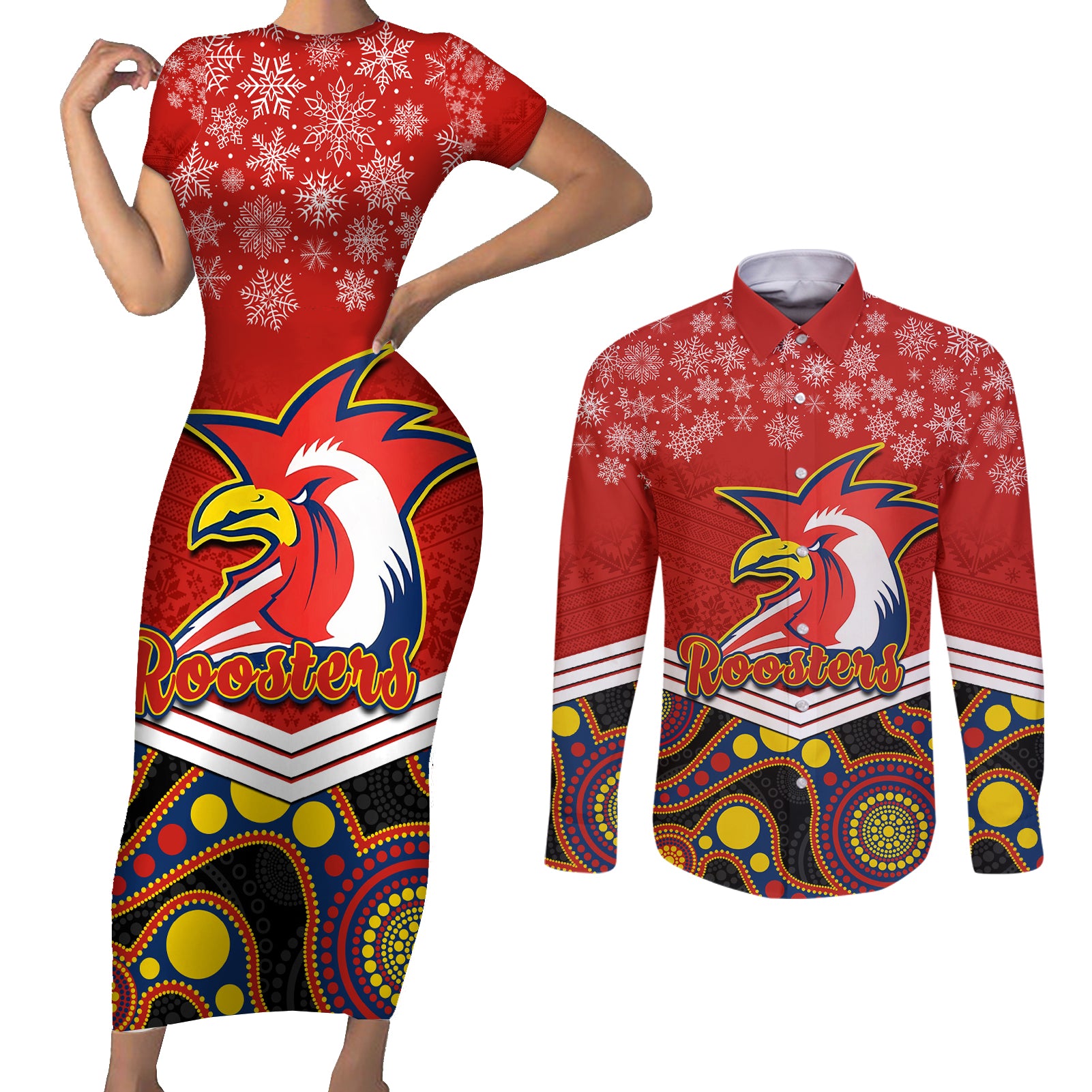 custom-roosters-rugby-christmas-couples-matching-short-sleeve-bodycon-dress-and-long-sleeve-button-shirt-merry-xmas-2023-mix-aboriginal-art
