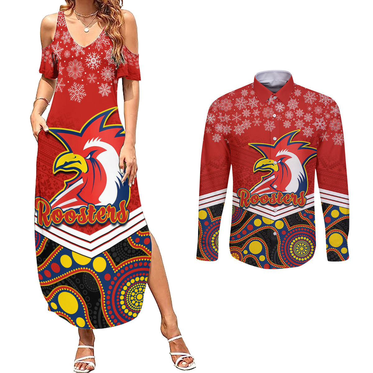 custom-roosters-rugby-christmas-couples-matching-summer-maxi-dress-and-long-sleeve-button-shirt-merry-xmas-2023-mix-aboriginal-art