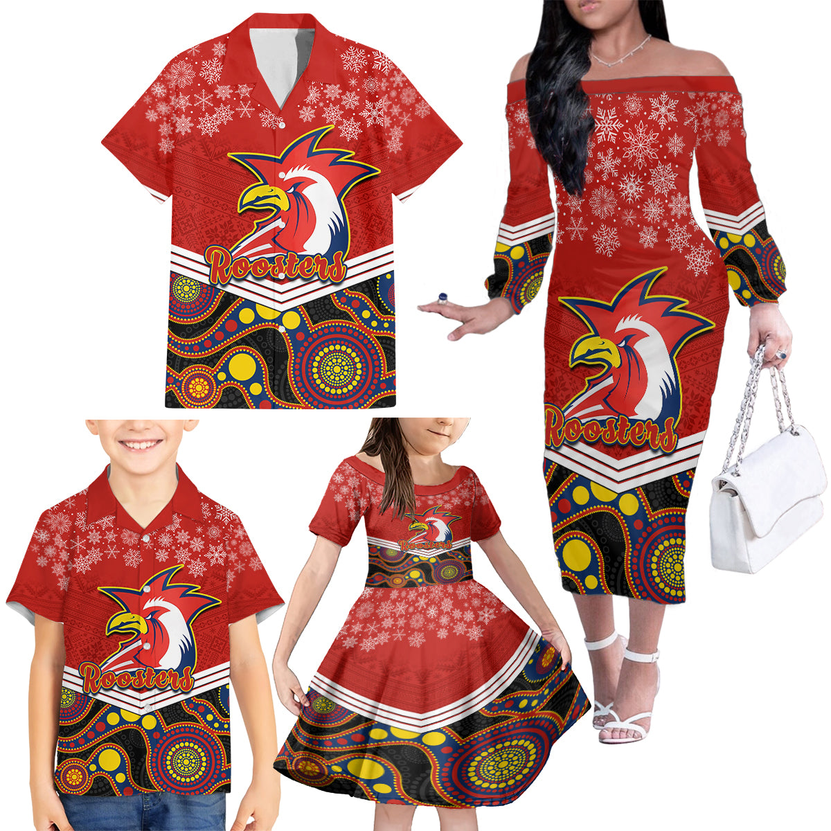 custom-roosters-rugby-christmas-family-matching-off-shoulder-long-sleeve-dress-and-hawaiian-shirt-merry-xmas-2023-mix-aboriginal-art
