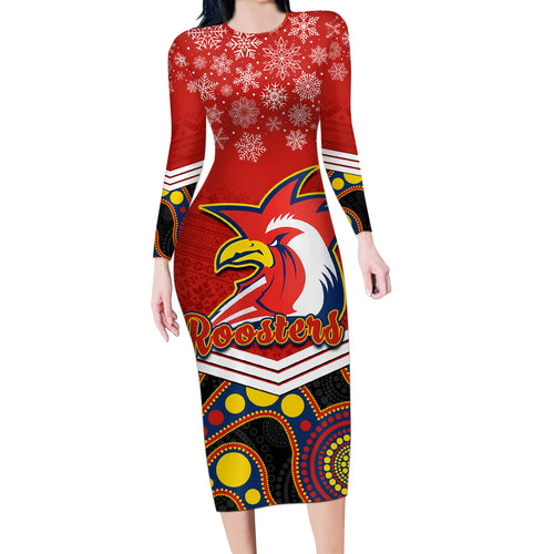 custom-roosters-rugby-christmas-long-sleeve-bodycon-dress-merry-xmas-2023-mix-aboriginal-art