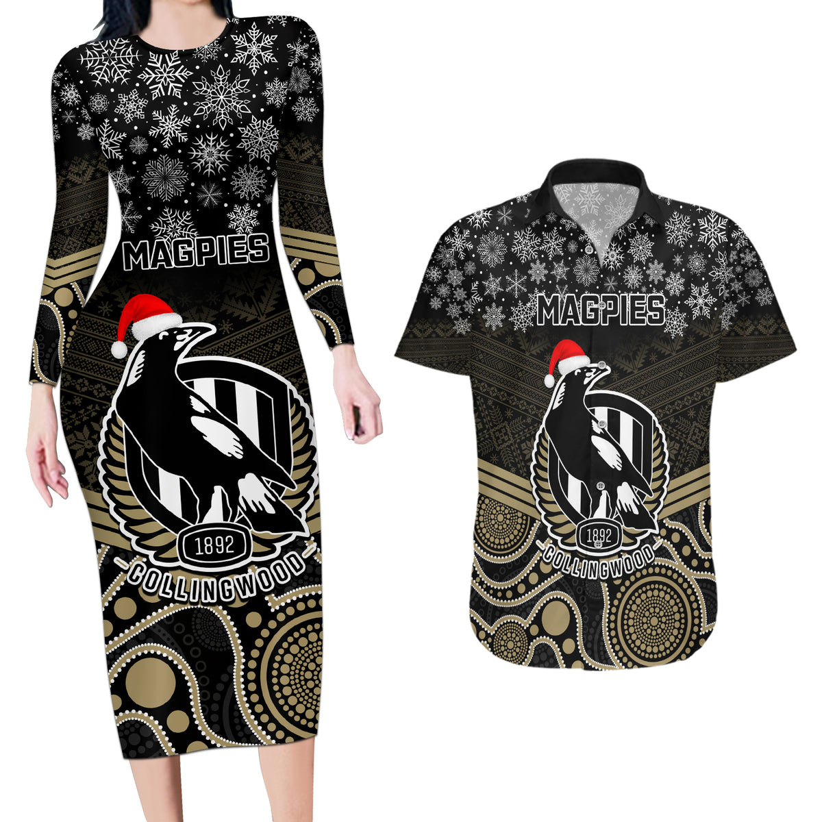 custom-collingwood-football-christmas-couples-matching-long-sleeve-bodycon-dress-and-hawaiian-shirt-merry-xmas-2023-mix-aboriginal-art