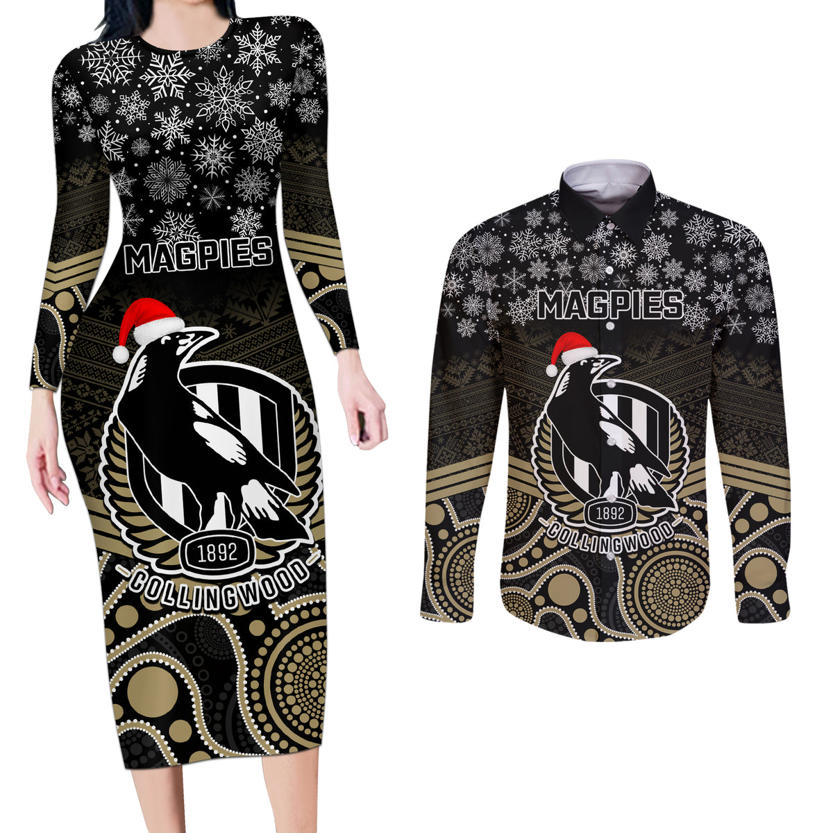 custom-collingwood-football-christmas-couples-matching-long-sleeve-bodycon-dress-and-long-sleeve-button-shirt-merry-xmas-2023-mix-aboriginal-art