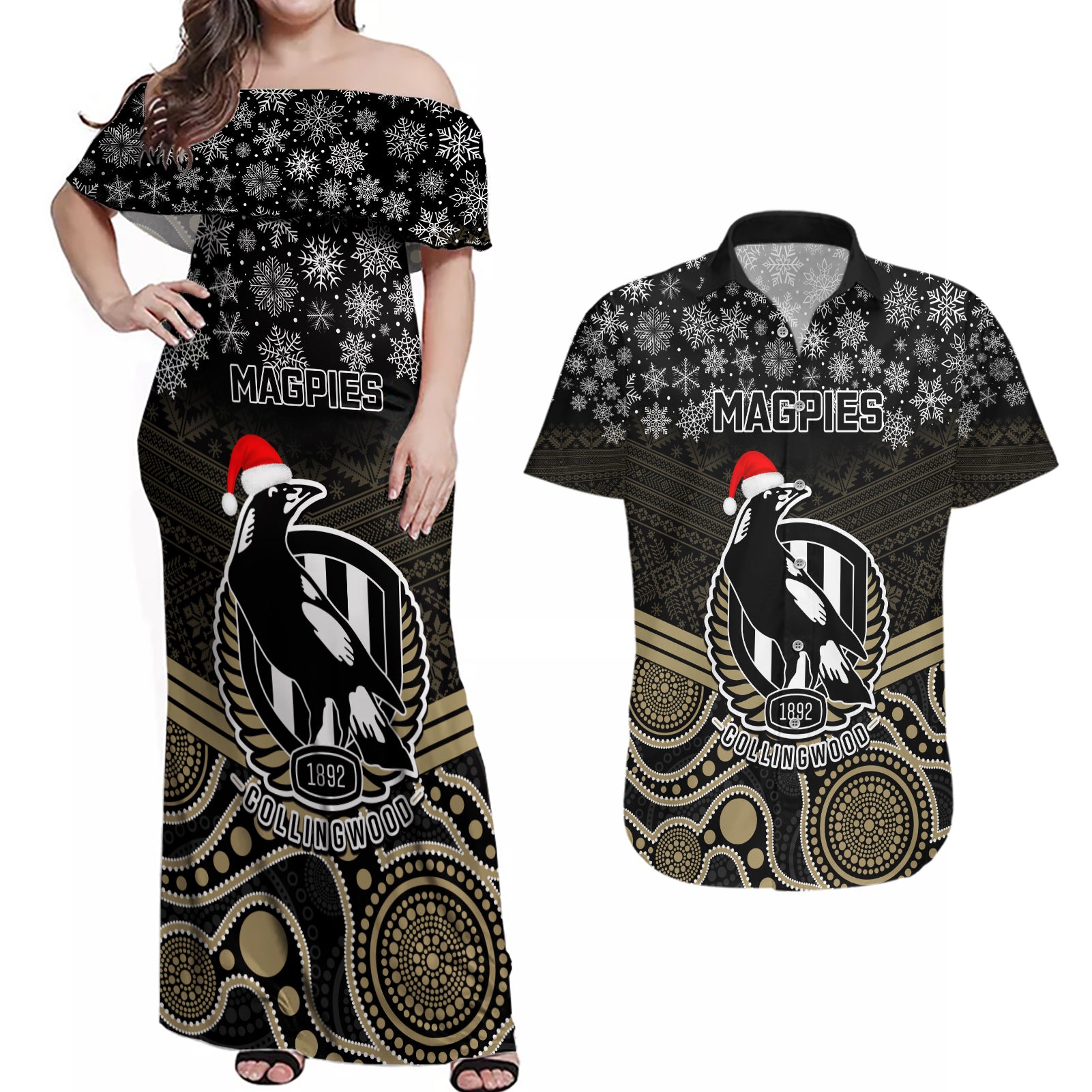 custom-collingwood-football-christmas-couples-matching-off-shoulder-maxi-dress-and-hawaiian-shirt-merry-xmas-2023-mix-aboriginal-art