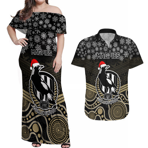 custom-collingwood-football-christmas-couples-matching-off-shoulder-maxi-dress-and-hawaiian-shirt-merry-xmas-2023-mix-aboriginal-art