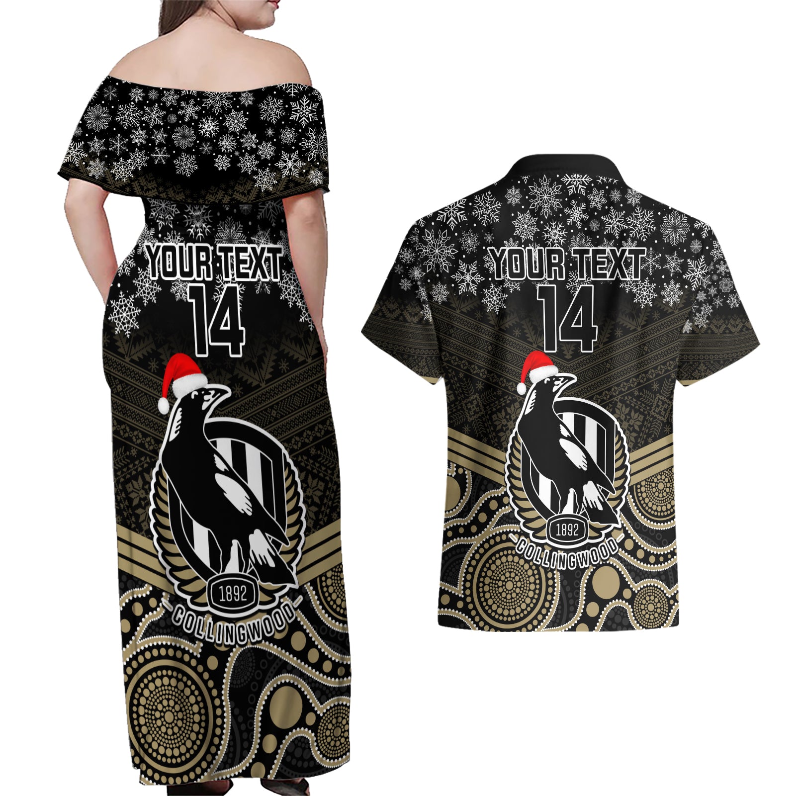 custom-collingwood-football-christmas-couples-matching-off-shoulder-maxi-dress-and-hawaiian-shirt-merry-xmas-2023-mix-aboriginal-art