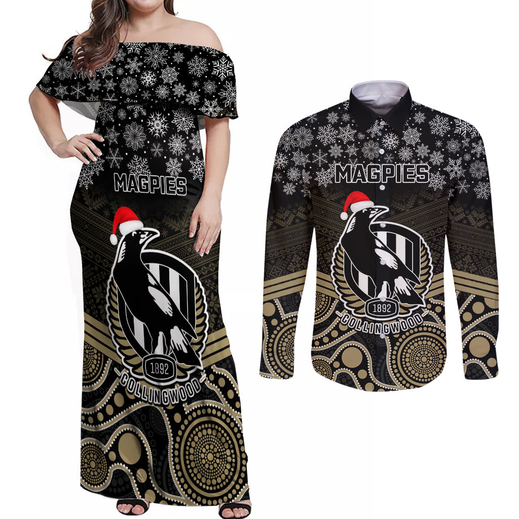 custom-collingwood-football-christmas-couples-matching-off-shoulder-maxi-dress-and-long-sleeve-button-shirt-merry-xmas-2023-mix-aboriginal-art