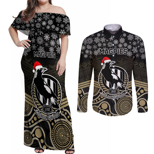 custom-collingwood-football-christmas-couples-matching-off-shoulder-maxi-dress-and-long-sleeve-button-shirt-merry-xmas-2023-mix-aboriginal-art