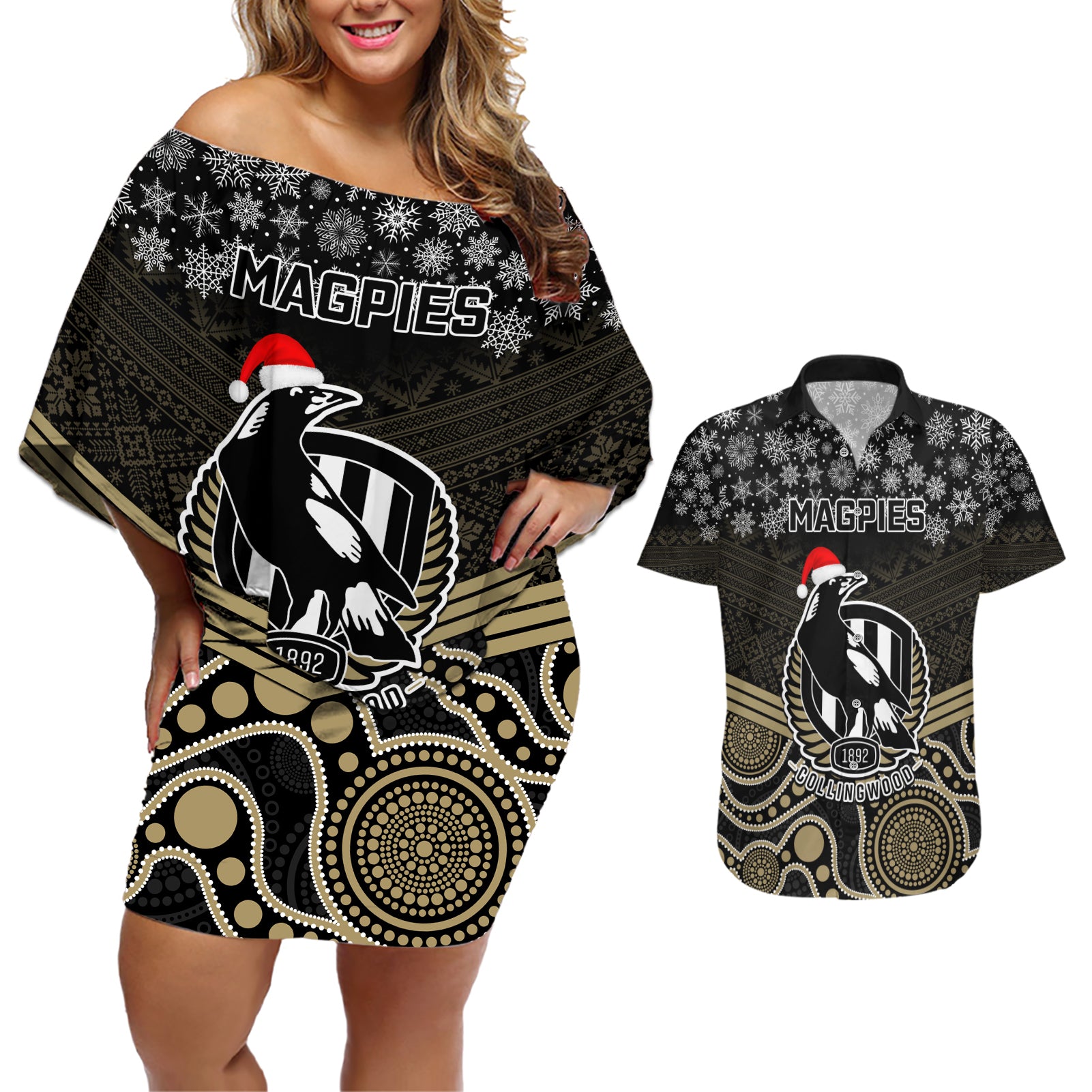 custom-collingwood-football-christmas-couples-matching-off-shoulder-short-dress-and-hawaiian-shirt-merry-xmas-2023-mix-aboriginal-art