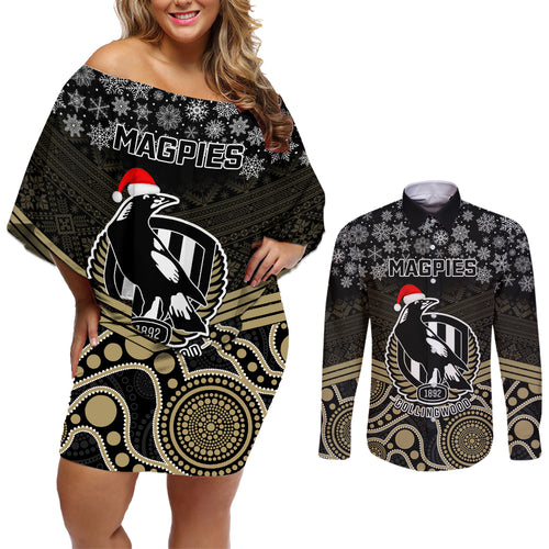 custom-collingwood-football-christmas-couples-matching-off-shoulder-short-dress-and-long-sleeve-button-shirt-merry-xmas-2023-mix-aboriginal-art
